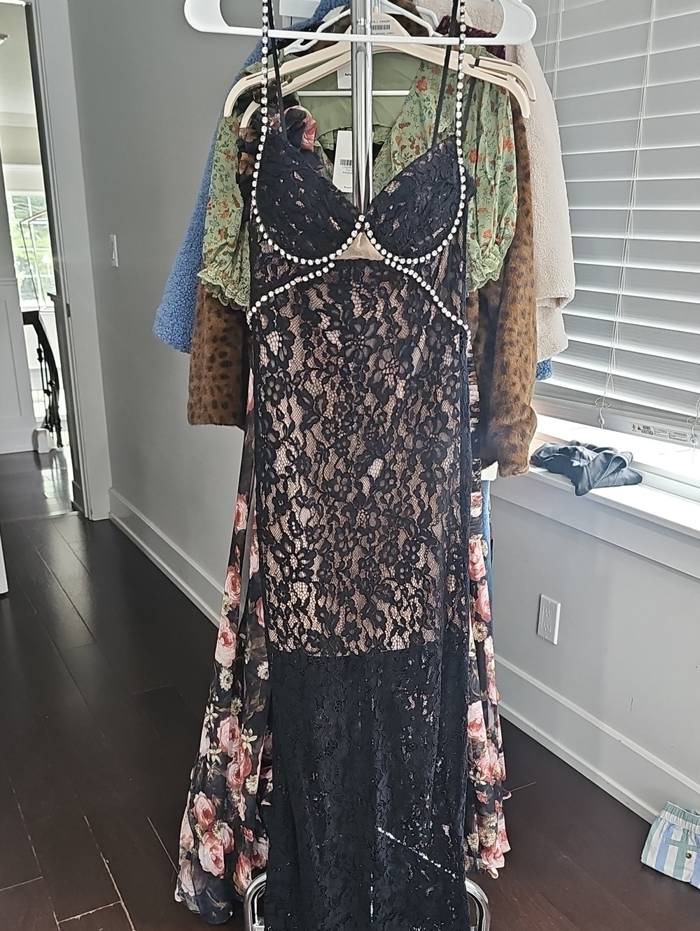 Self-Portrait Black Lace Strapless Floral-Trim Evening Dress